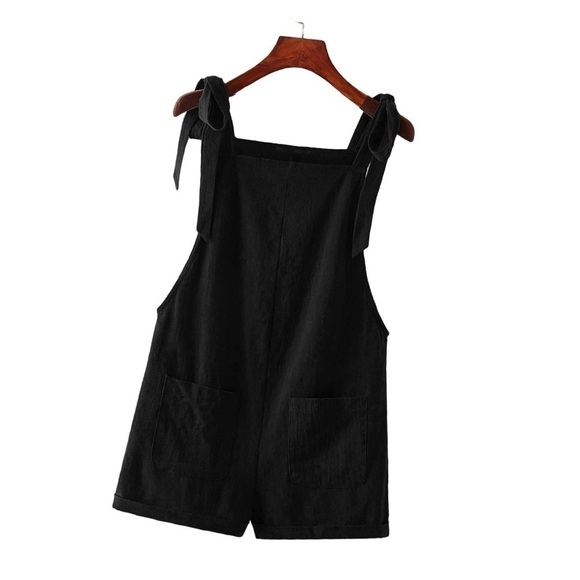 Tie Knot Strap Overall Shorts Pocket Jumpsuit Black - Picture 1 of 2